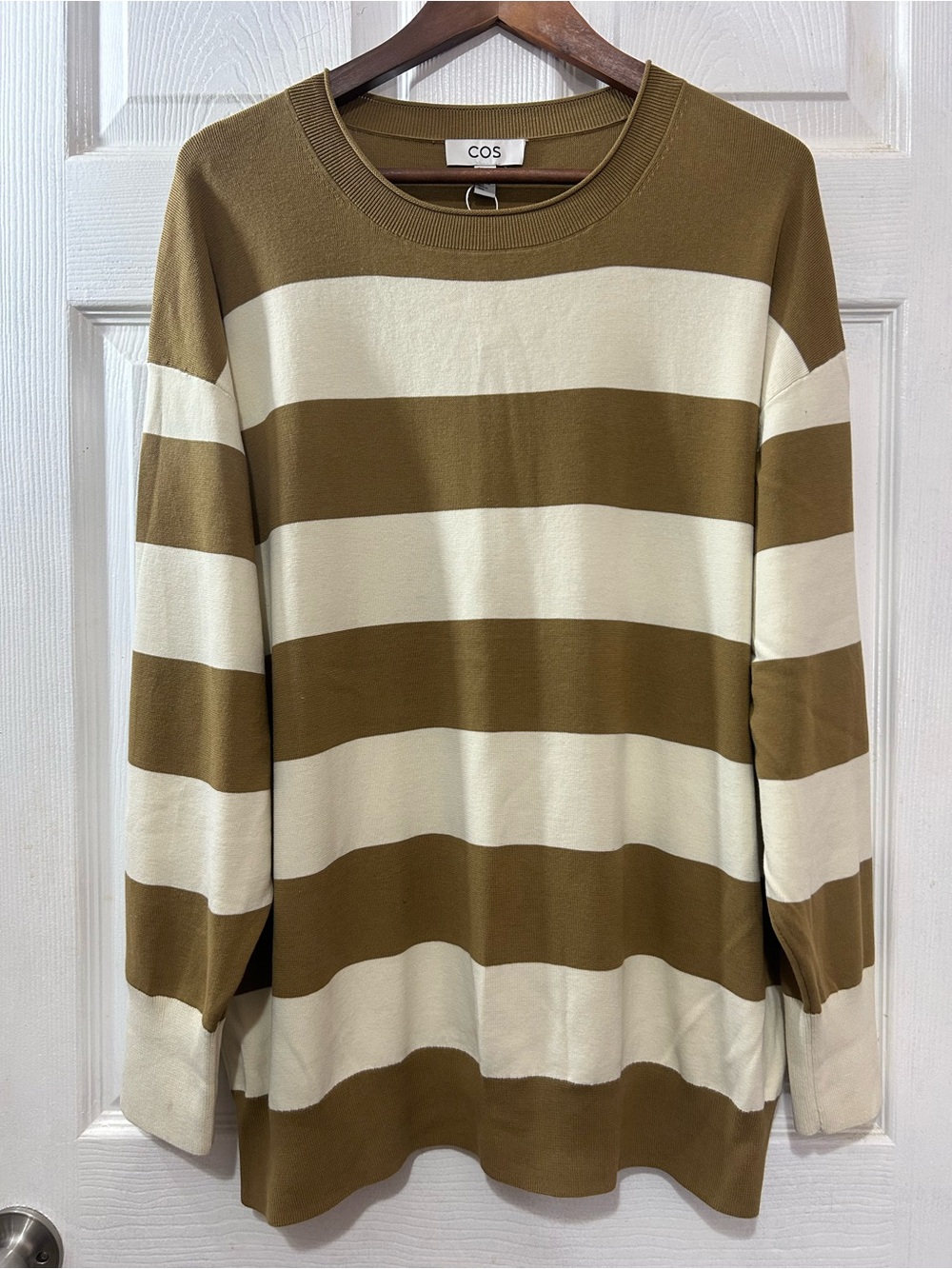 COS Olive & Cream Wide Stripe Cotton Crewneck Sweater Size M